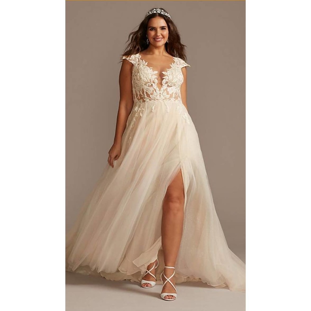 GALINA SIGNATUREillusion plunge lace appliqued wedding dress / gown